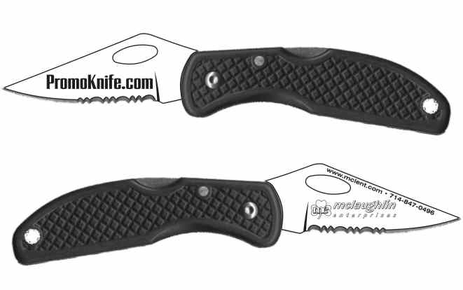 PromoKnife display of both sides of the knife showing laser engravable capabilities 